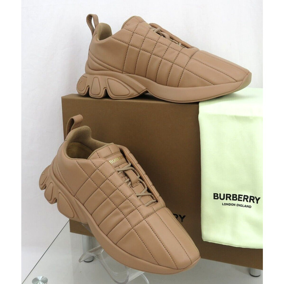 $850 BURBERRY AXBURTON BISCUIT TAN CHECK QUILTED LEATHER LOGO SNEAKERS 8 US 41 - Picture 3 of 12